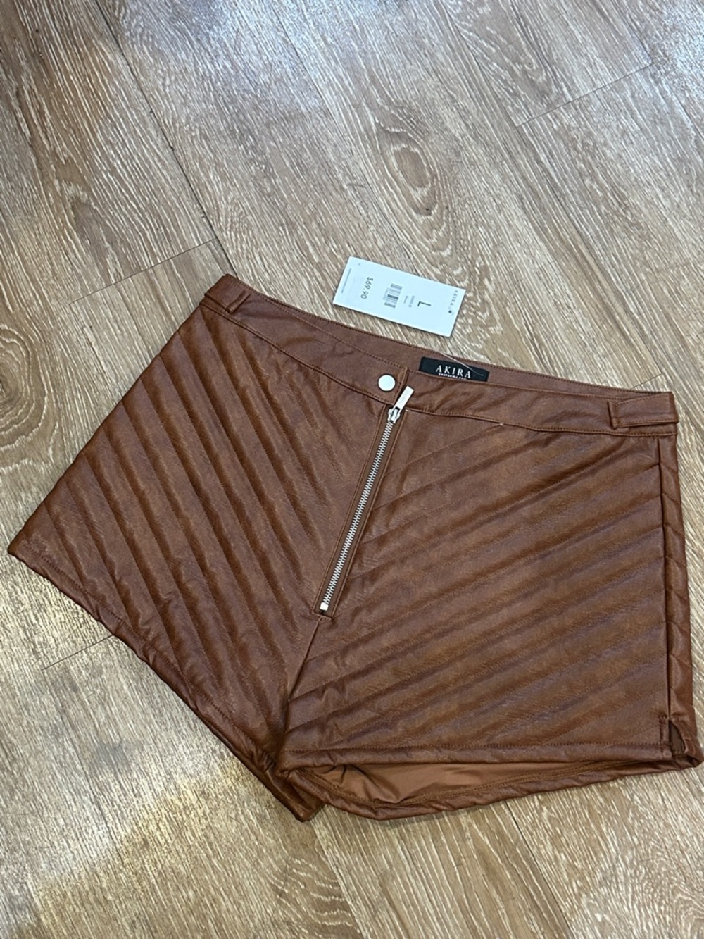 AKIRA Quilted Faux Leather Zip-Front Shorts — Brown